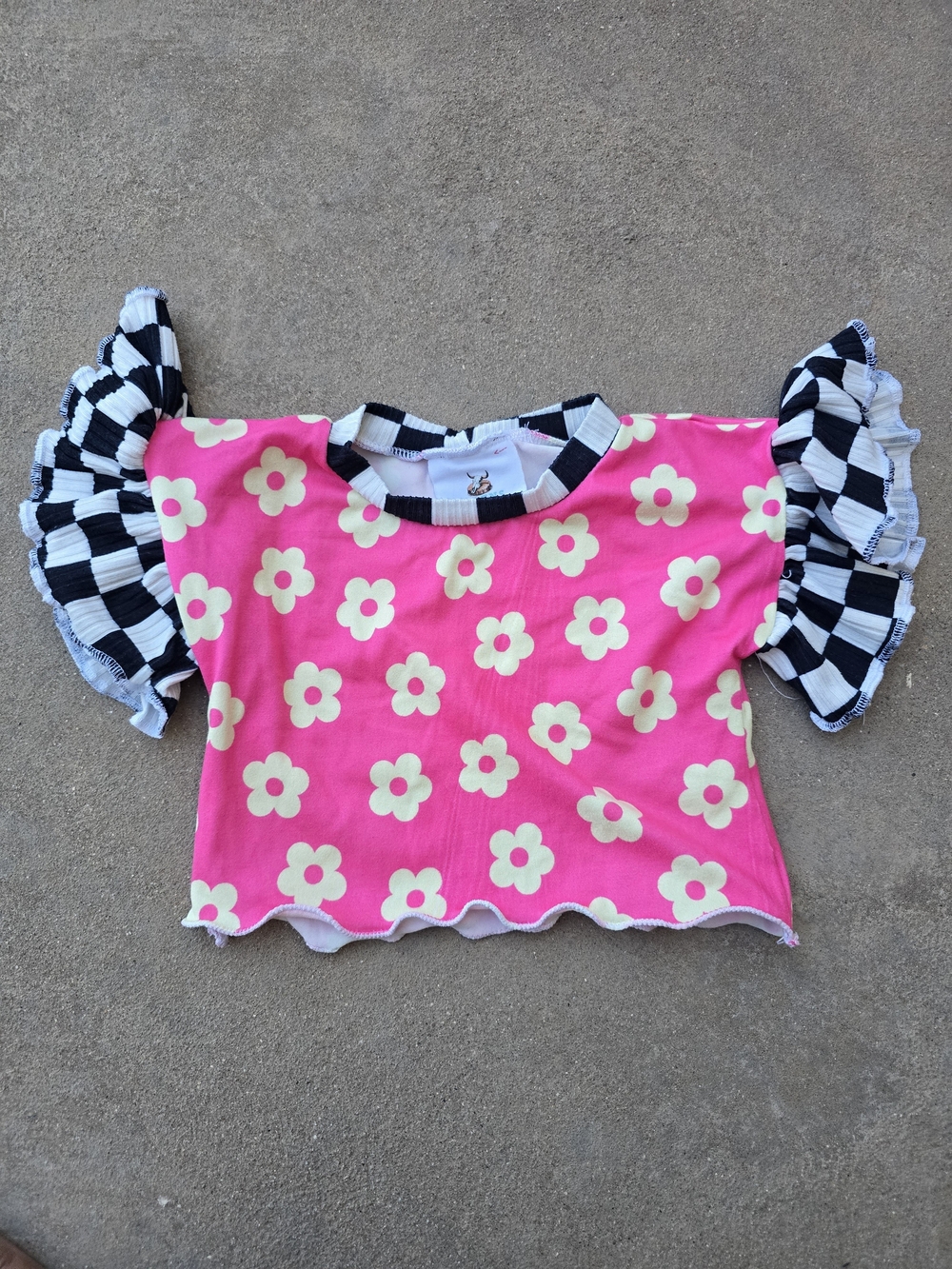Wrens Pink Floral Ruffle Sleeve Tee with Black-White Check Trim 3-6M